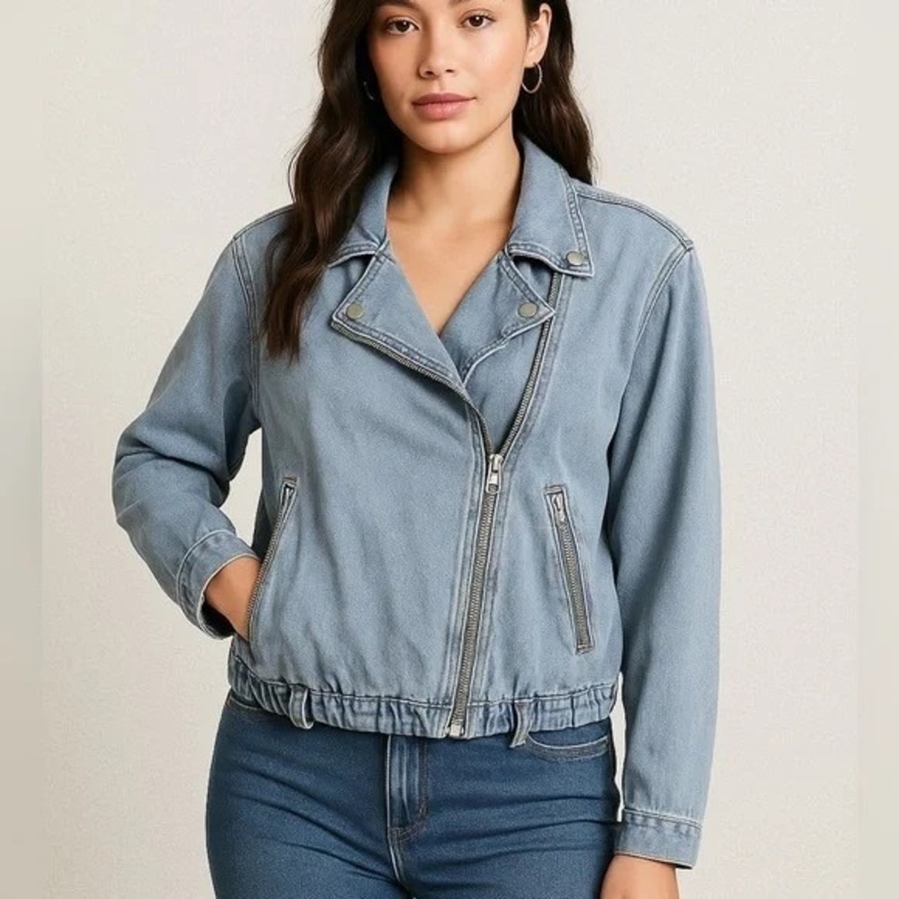 Forever 21 Denim Moto Jacket Women's‎ Small Blue Light Wash Full Zip